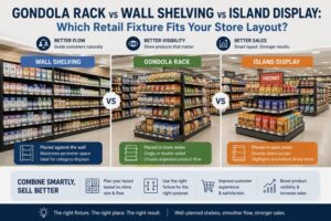 gondola rack vs wall shelving and island display