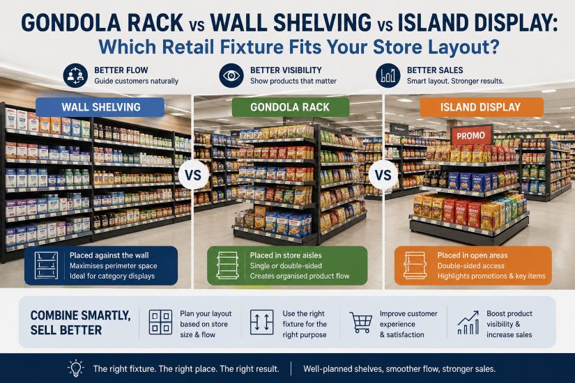 gondola rack vs wall shelving and island display